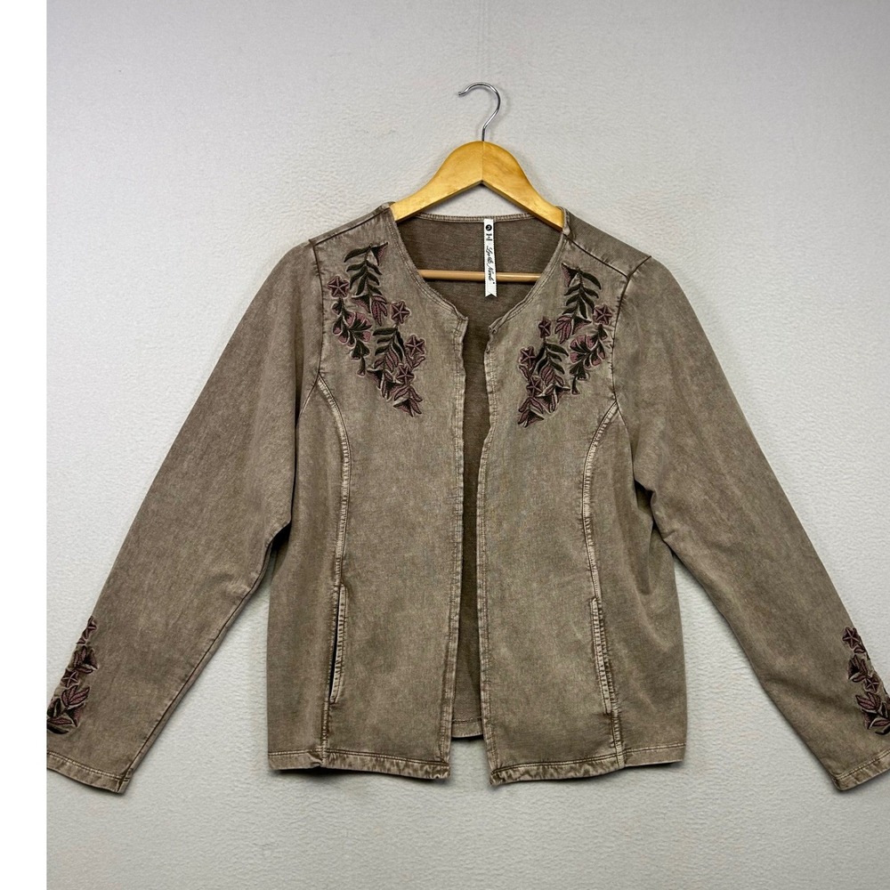 Boho Floral Leo & Nicole Womens Small Brown Acid Wash Embroidered Open Cardigan
